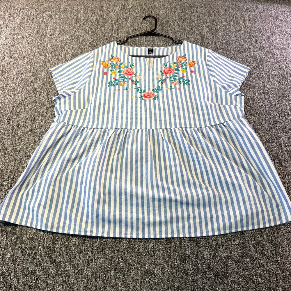 Emery Rose Peplum Blouse Top Womens 3XL White Blue Striped Floral Embroidered